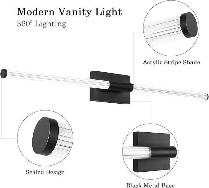 Modern LED Vanity Light, 360° Full Lighting Bathroom Light Fixture Over Mirror, 32W 5500K Cool White, Hardwired Wall Sconce, 40 Inch, Balck
