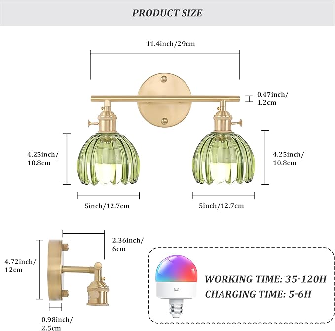 Shenmoyl Battery Operated Bathroom Light Fixtures, 2-Light Brass Vanity wall Light with 5000mAh Rechargeable Bulb Over Mirror with Green Tulip Glass Shade for Bedroom Living Room
