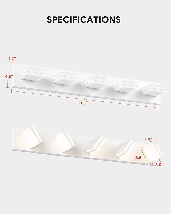 VONLUCE Bathroom Vanity Light Fixture, 5-Light Modern LED Vanity Light, 3CCT Adjustable Bathroom Lights with Memory Function Rotatable Shades, 34" Wall Lighting Fixture Over Mirror, Matte White