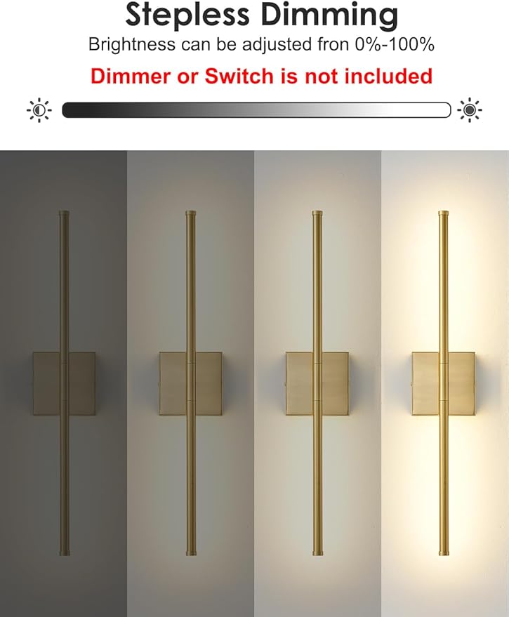 KARTOOSH 24.4 Inch Hardwired Wall Sconces Set of Two, 3000K Warm White Dimmable Modern Wall Sconces, 350° Rotate LED Light Fixtures Wall Lamp for Bathroom Living Room Bedroom Bedside, Brushed Brass