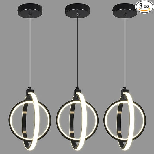 Modern LED Pendant Lights Plated Black Farmhouse Ring Pendant Light Fixtures 4000K Dimmable Round Pendant Lighting for Dining Room Kitchen Island Bedroom Living Room Foyer（3-Pack）