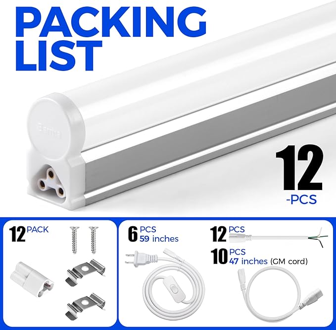 Barrina 12 Pack T5 LED Shop Light 4FT, 5000K Daylight White, 2200lm, 20W, Utility Linkable Lights, Ceiling and Under Cabinet Light, ETL Listed, Built-in ON/Off Switch for Workshop Garage Warehouse
