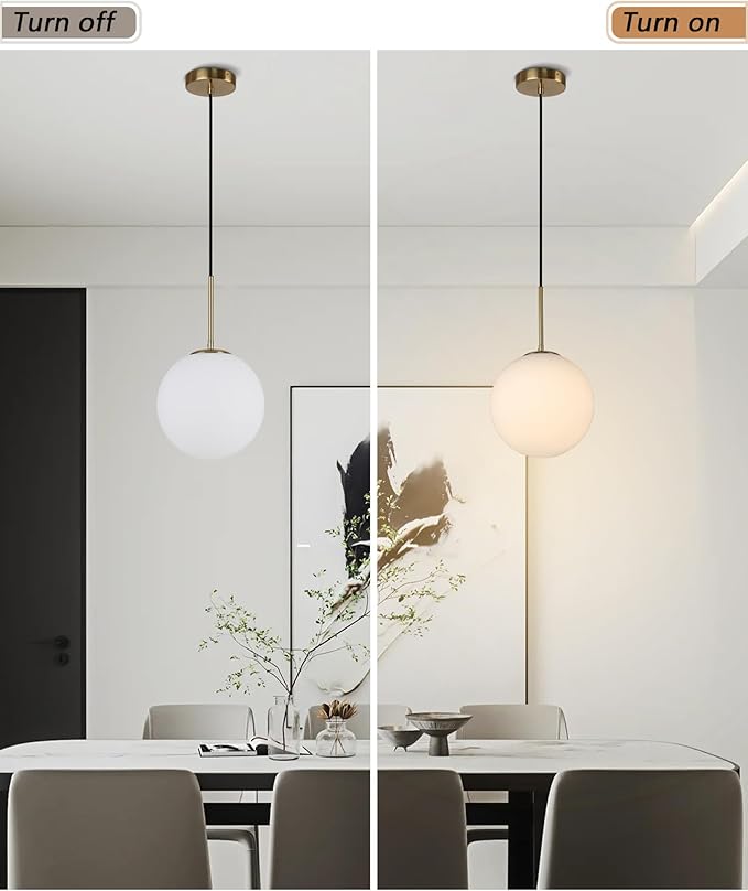 10" Milk Glass Pendant Light Mid Century Modern Globe Hanging Light Fixtures for Dining Room Kitchen Island Bedroom, Gold