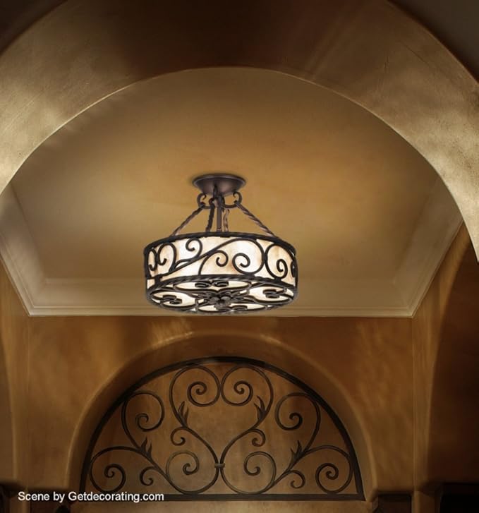 John Timberland Natural Mica Collection Rustic Ceiling Light Semi-Flush Mount Fixture Deep Walnut Scroll 15" Wide Drum Shade for House Bedroom Hallway Living Room Bathroom Dining Kitchen