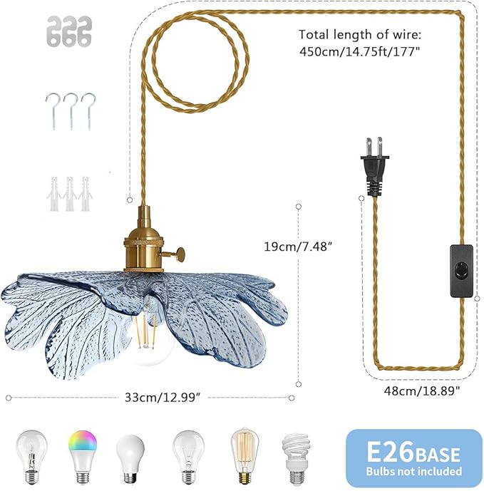 Plug in Pendant Light, Vintage Hanging Light with Plug in Cord On/Off Switch Brushed Brass Pendant Light fixtures with Blue Glass Shade 1-Light Hanging Light for Kitchen Dining Room Bedroom
