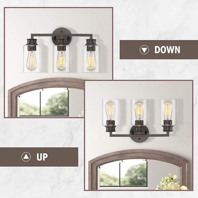 Emliviar 3-Light Oil Rubbed Bronze Vanity Light, Farmhouse Bronze Bathroom Light Fixture with Clear Glass Shade, YCE253B-3W ORB