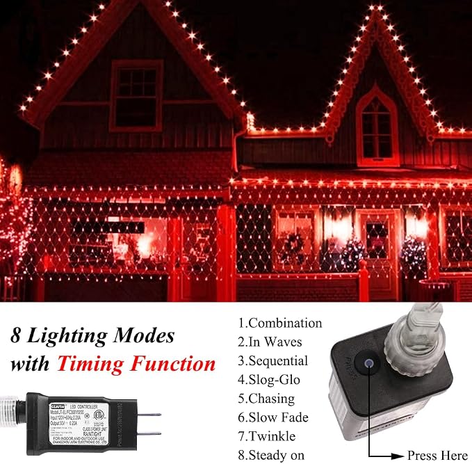 Net Light Christmas Lights Red, 240 LED Tree Mesh Lights Outdoor Plug in Hanging String Lights for Xmas, Halloween, Garden, Walkway, Bushes Decor-9.8ft x 6.6ft(Red)