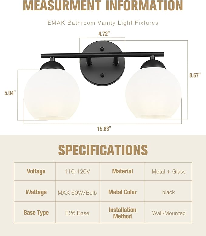 Emak Black Vanity Lights for Mirror, Modern Farmhouse 2-Light Bathroom Light Fixtures Globe Bathroom Vanity Light with Milk Glass Shade, VL114-BK-ML-2