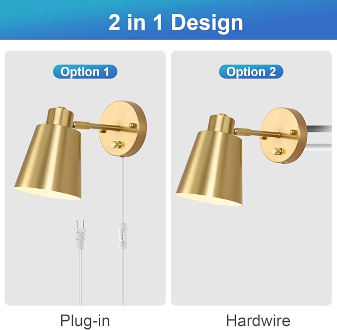 VATONI Plug in Wall Sconces, Dimmable Wall Sconces Adjustable Angle Wall Lights with Plug in Cord and Dimmer On/Off Knob Switch, Gold Wall Mounted Light for Bedroom Bedside Stairway(2 Pack, 2 Bulbs)