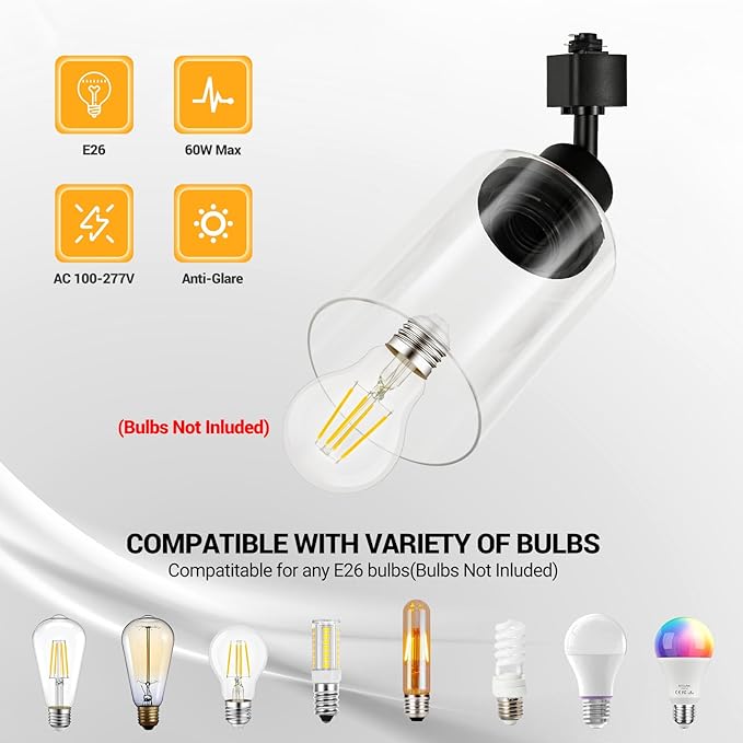 VANoopee H Type Track Lighting Heads E26 Track Light Ceiling Modern for Kitchen, Compatible with H Track Lighting Rail System, Black Track Lighting Fixtures with Glass Lamp Shade, 1 Pack, No Bulbs