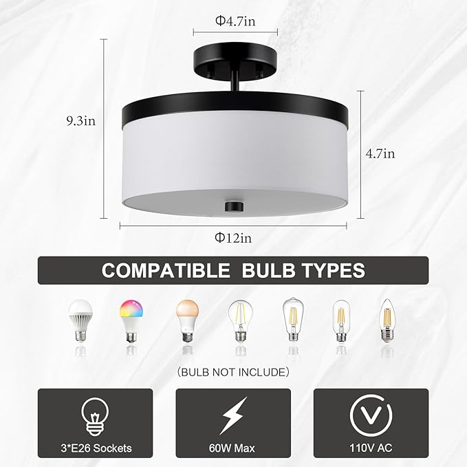 Semi Flush Mount Ceiling Light,12”Hallway Light Fixtures with White Fabric Shade,3-Light Black Modern Drum Flush Mount Ceiling Light for Bedroom,Hallway,Kitchen Island,Laundry