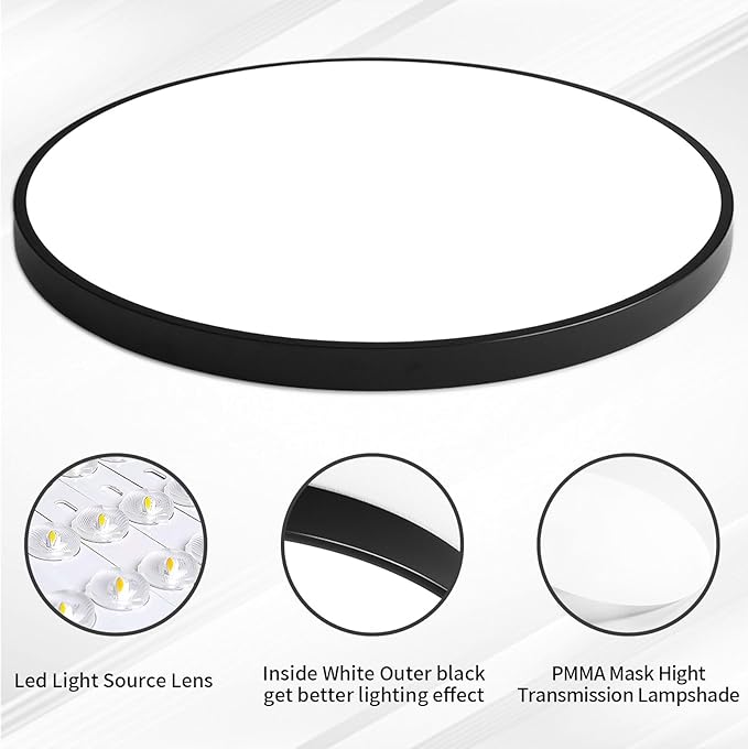 24 Inch Flush Mount Ceiling Light Fixture, Dimmable with Remote, 3000K-6500K Adjustable Color, 48W 4800Lm Ultra Thin Modern Round LED Ceiling Light, Black for Bedroom, Kitchen, Living Room