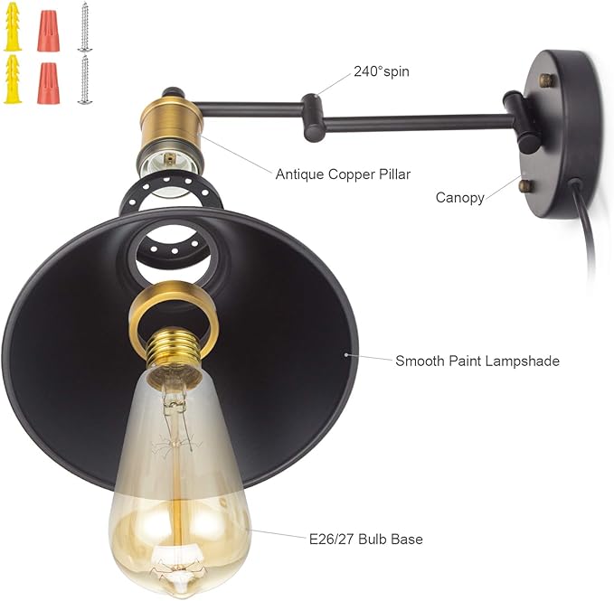 Wall Lamps, Swing Arm Wall Lamp Wall Sconce 2-Pack Plug in Cord with Switch,Vintage Barn Wall Light Bronze Black Lamp Lobby, Hallway, Kitchen, Dining Room, Restaurant, Café