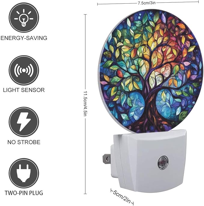 Round LED Night Lights Lamp with Dusk to Dawn Sensor, Circular Stained Glass Design of The Tree of Life Night Light Plug Into Wall for Kids Room, Bedroom, Bathroom, Kitchen, Hallway