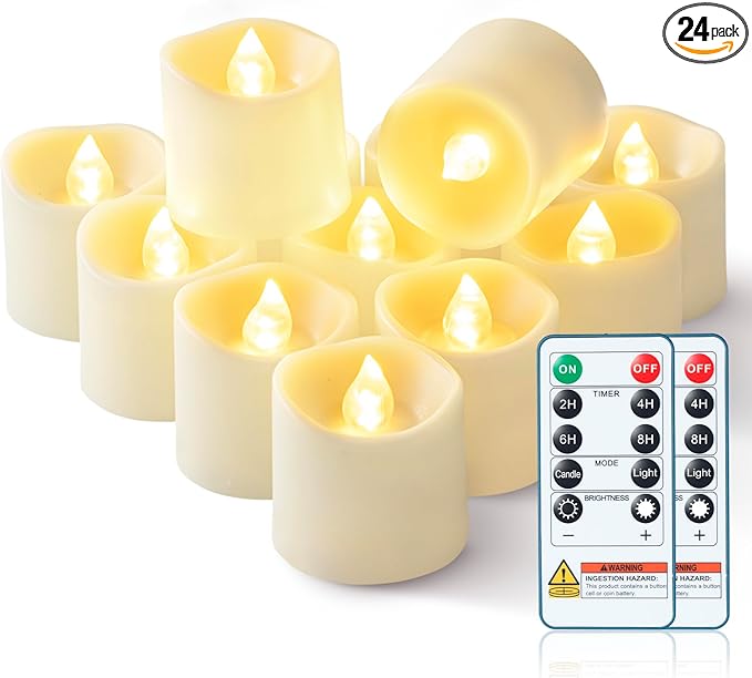 Homemory 24Pack 400+ Hour Timer Remote Control Flameless Votive Candles, Battery Operated LED Tea Lights in Warm White for Outdoor, Table, Halloween, Christmas-Ivory Base