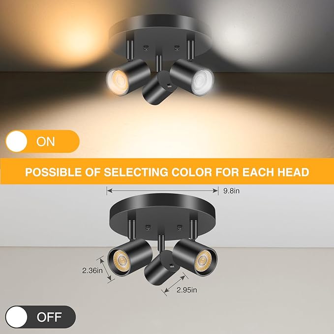 VANoopee 5 Color 3 Light LED Ceiling Spot Light Indoor Flush Mount Directional Adjustable Spotlight Fixtures Close to Ceiling for Kitchen Hallway Modern LED Track Lighting Kit Dimmable 30W Matte Black