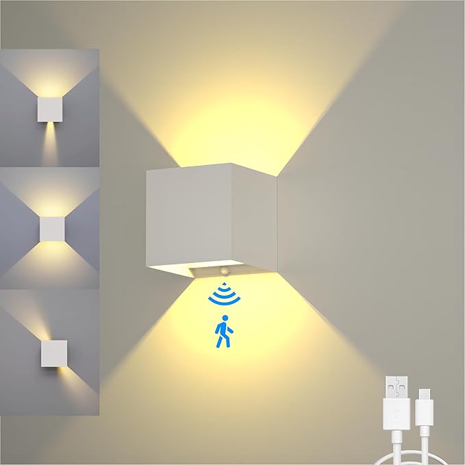 Battery Operated Wall Sconces, 12W Motion Sensor Light Indoor, 6000mAh Wall Lights Rechargeable, 3 Colors Adjustable, LED Wall Lamp for Living Room Bedroom Hallway Decor, White