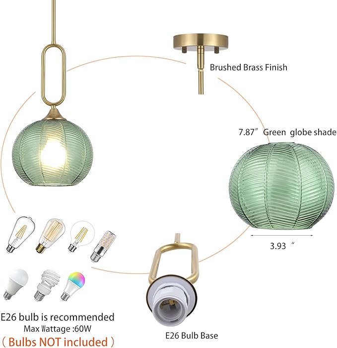 Green Glass Pendant Light Modern Globe Pendant Lighting Nordic Ribbed Gold Ceiling Hanging Chandelier with Brushed Brass Adjustable Rods Dining Room Kitchen Island Light Fixture