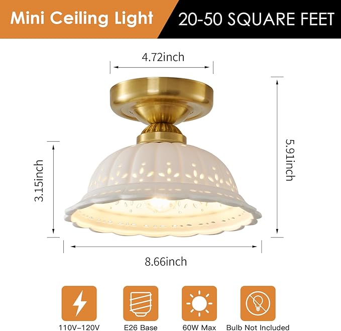 Vintage Ceramic Semi Flush Mount Ceiling Light - 2 Pack, Gold Hallway Light Fixture, Mid Century Small Close to Ceiling Lamp，Unique Flush Lighting Fixtures for Entryway Laundry Room Kitchen Cottage