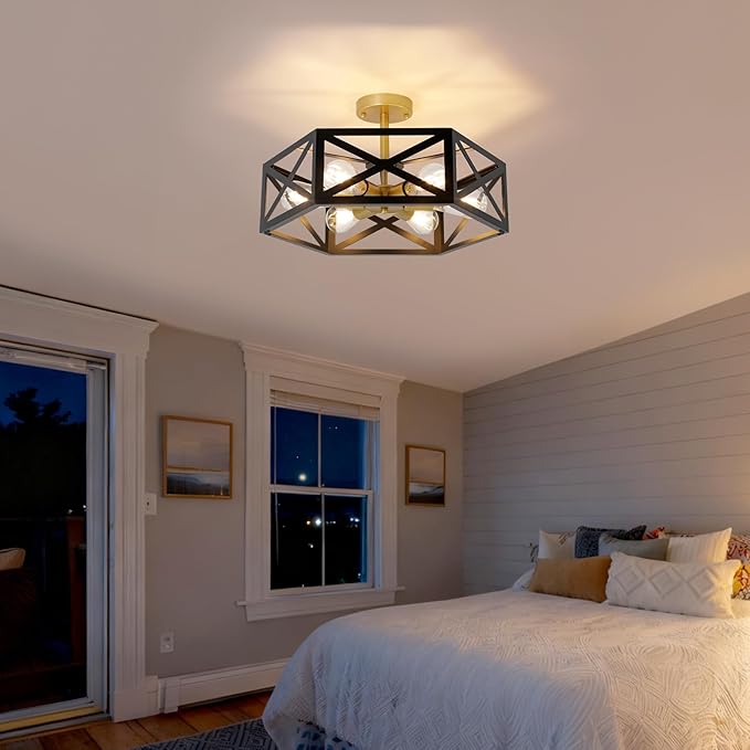 6-Light Semi Flush Mount Ceiling Light Fixture, 19.7" Gold Black Hallway Light Fixtures Ceiling Mount, Modern Close to Ceiling Lighting for Living Room Bedroom Dining Room Kitchen Entry Foyer