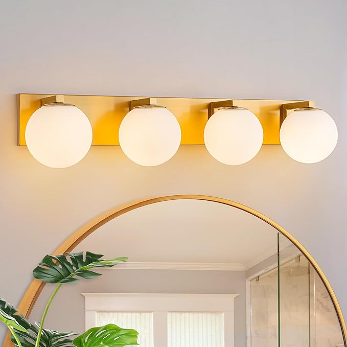 Lingkai Gold Bathroom Light Fixtures,4-Light Bathroom Vanity Light Over Mirror,Mid Century Modern Vanity Lighting Fixtures with Milky White Glass Globe Shades,33 Inch Wall Sconce Lamp