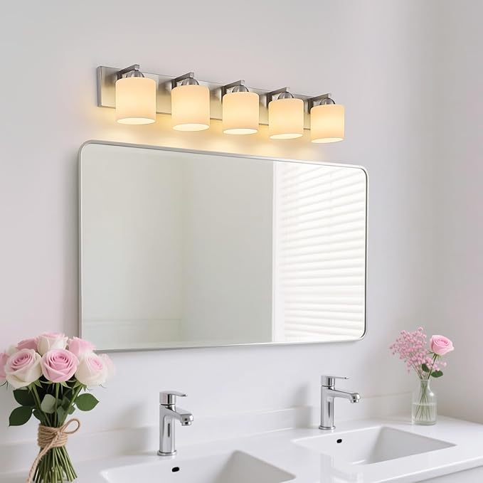 mirrea 38-Inch 5-Light Brushed Nickel Vanity Lights for Bathroom, Vanity Lighting Fixtures with Etched White Glass Shades