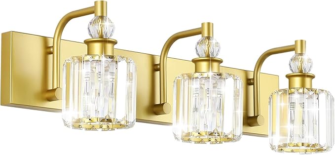 Ralbay Crystal Vanity Light 3 Light Gold Crystal Bathroom Vanity Lights Fixtures Over Mirror Modern Gold Vanity Light