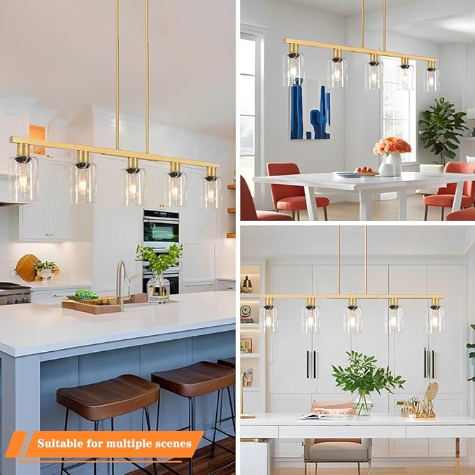 5-Light Kitchen Island Lighting Gold Adjustable Chandelier, Farmhouse Dining Room Light Fixtures Over Table, Height Adjustable Linear Pendant Light Fixture with Clear Glass Shade for Kitchen