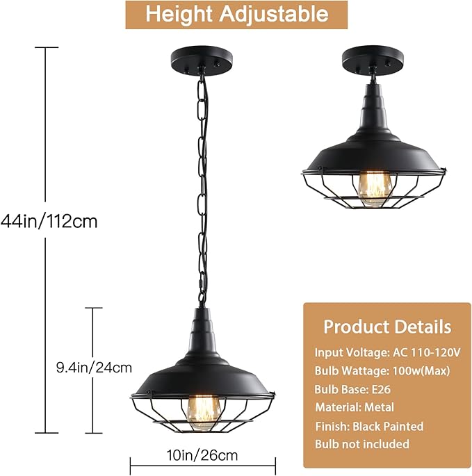 Industrial Pendant Lights 2 Pack Farmhouse Pendant Lights with Adjustable Chain, D10.2 Rustic Pendant Lighting Barn Black Metal Hanging Lights with Wire Cage for Kitchen Island Dining Room