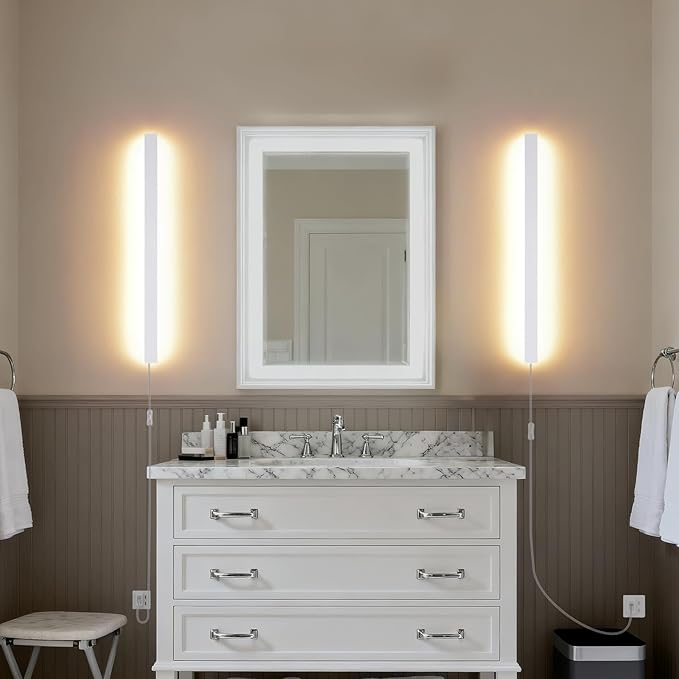 KELUOLY Modern Plug in Wall Lights, 31.4 inch Frosted White LED Long Wall Sconce, 16W Warm White 3000K Acrylic Indoor Wall lamp,with 59" Plug Cable for Bedroom, Living Room, Hallway