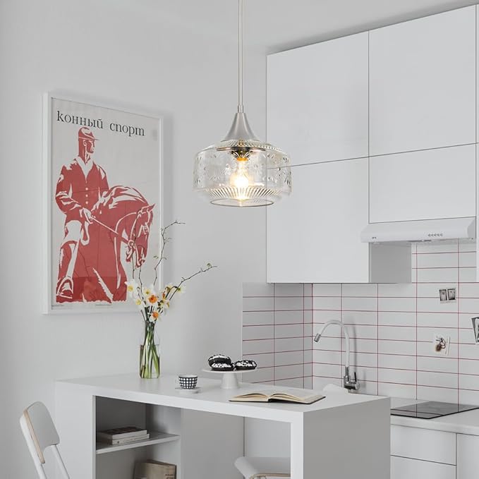 Brushed Nickel Pendant Light, Pendant Lights Kitchen Island with Large Globe Glass Lampshade, Pendant Light Fixtures with Adjustable Cable, Hanging Light for Dining Room Bathroom Bedroom, E26 Base