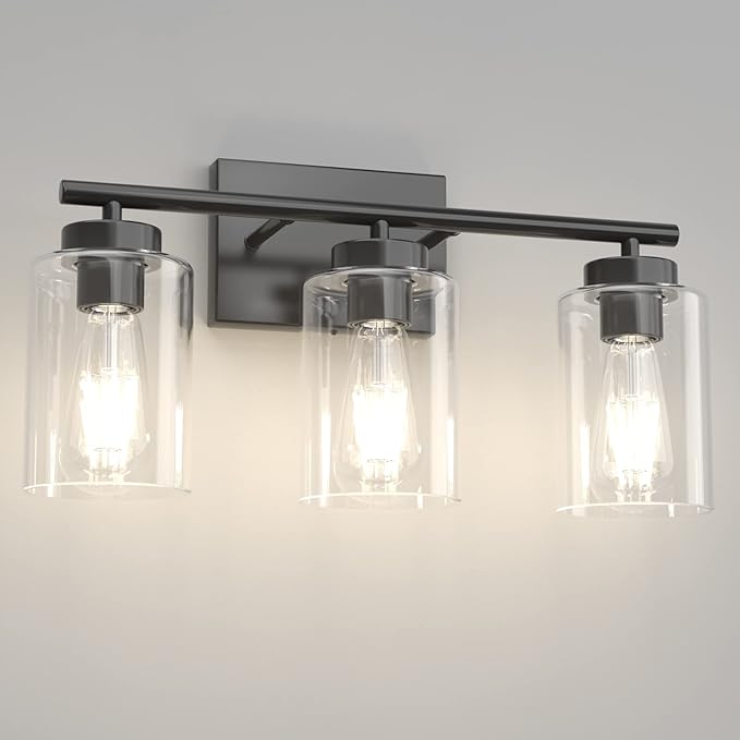 Aipsun 3 Light Black Bathroom Vanity Light, Modern Light Fixture with Clear Glass Shade, Industrial Wall Light for Kitchen Bedroom Living Room (Exclude Bulb)