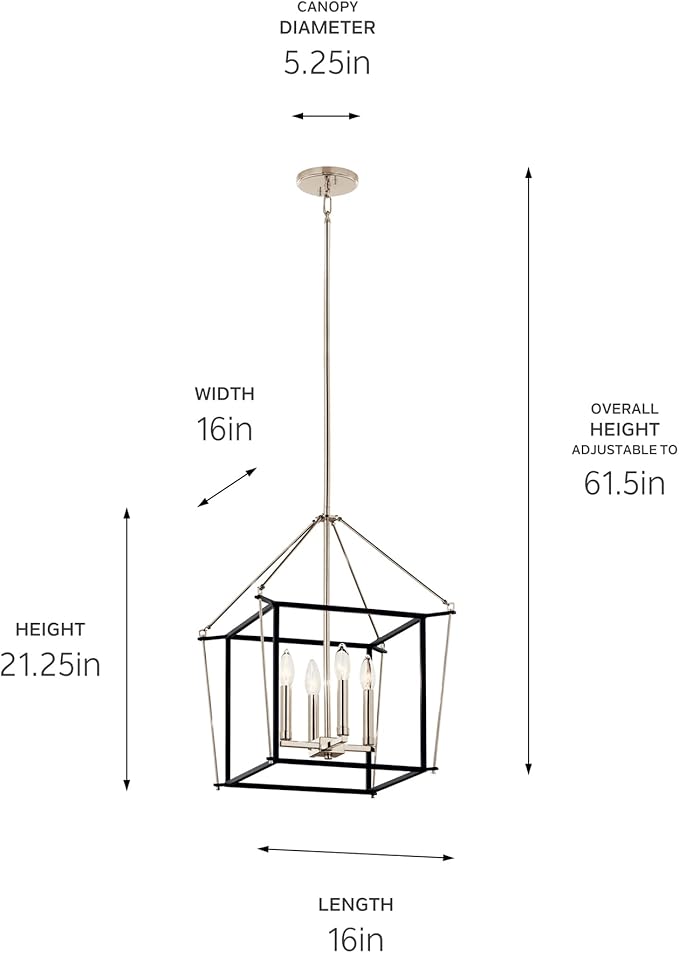 Kichler Eisley 4-Light Foyer Pendant, Soft Modern Light in Polished Nickel and Black, Sloped Ceiling Compatible, for Hallway, Laundry or Mud Room, Kitchen or Bar (21.25" x 1 6" x 16"), 52626PN