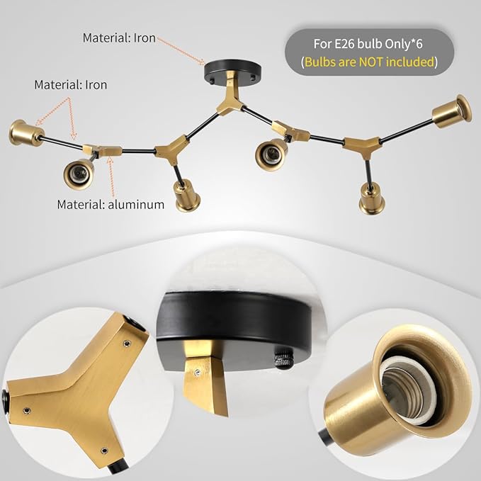 Modern Sputnik Semi Flush Mount Ceiling Light Fixture Gold and Black,Metal Mid Centur 6 Light Chandelier for Dining Room Bedroom Kitchen Hallway Foyer Living Room