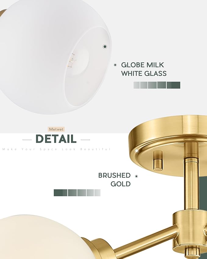 3-Light Semi Flush Mount Ceiling Light, Modern Light Fixtures Ceiling Mount with Globe Milk White Glass Shade, Brushed Gold Light Fixtures for Kitchen Entryway Hallway Bedroom, SM195-BG-ML-3
