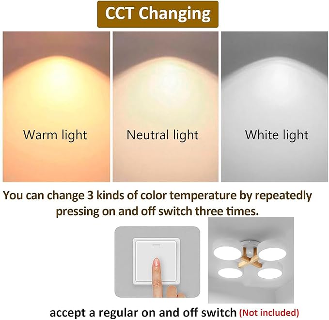 LED Ceiling Light Fixture,24 Inch 4-Lights Modern Ceiling Lights Flush Mount Wooden 44W Chandelier for Living Room Bedroom Kitchen,Dimmable 3000K/4000K/6000K Temperatures Selectable, White