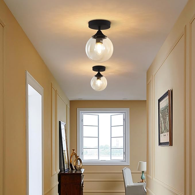 KCO Lighting Black Globe Semi Flush Mount Ceiling Light Modern Light Fixture Amber Glass Ceiling Light Rustic Bedroom Close to Ceiling Light Mid Century Modern Overhead Light