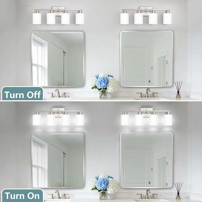 Brushed Nickel Bathroom Light Fixtures, 4-Light Modern Vanity Lights with Milky White Frosted Glass Shades, Wall Sconces for Mirror, Bathroom, Restroom (E26 Socket)