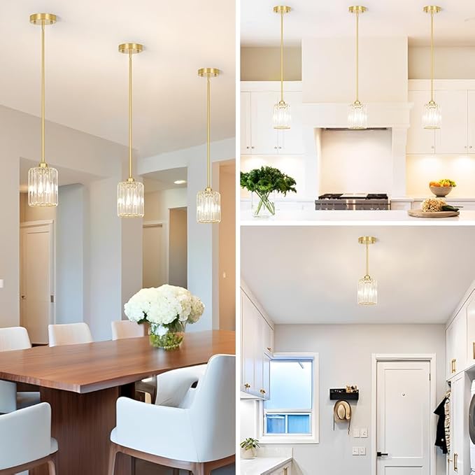 Lxybcce Gold Kitchen Pendant Lights Over Island with Adjustable Rods - Crystal Pendant Lighting Fixtures for Sloped Ceiling, Ideal Over Dining Table or Bar, E26 Bulb Compatible, No Electrician Needed