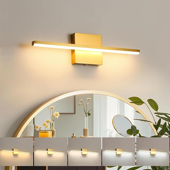 Brushed Gold Vanity Light 16 Inch Modern Bathroom Light Fixtures 14W Wall Vanity Lamp Over Mirror, Dimmable 5CCT LED Wall Sconce for Bedroom Cabinets UL Certificated