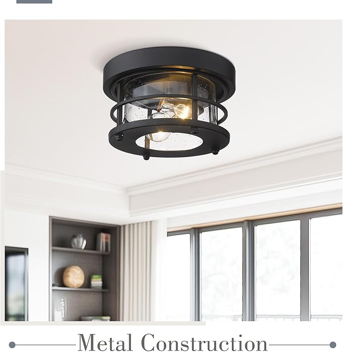 Emliviar 2-Light Round Ceiling Light Fixture, Farmhouse Flush Mount Ceiling Light 10 Inch, Black Finish, WE2085F BK