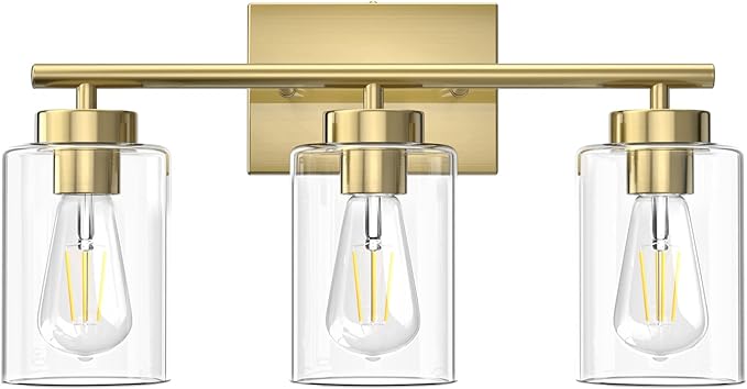 Gold Bathroom Light Fixtures, Modern Bathroom Vanity Light with Clear Glass Shade, 3 Lights Brushed Brass Bath Wall Mount Lights, Gold Wall Sconce for Kitchen Bedroom Hallway Living Room Hallway