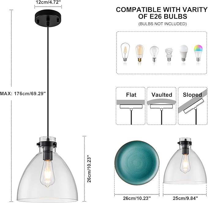 WILON Pendant Lights, Pendant Lights Kitchen Island, 1-Pack Black Farmhouse Pendant Light Fixtures with 9.8" Round Glass Shade for Dining Room Over Table Sink Bar Foyer