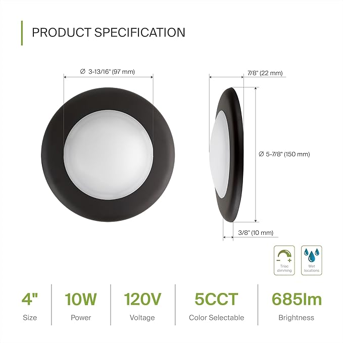 ASD 12 Pack LED Disk Lights 4 Inch, 10W 5CCT 2700K-5000K 685LM CRI90+, Dimmable Flush Mount Ceiling Light Fixture, Low Profile Surface Mount Disc, Junction Box or Recessed Can Install, UL