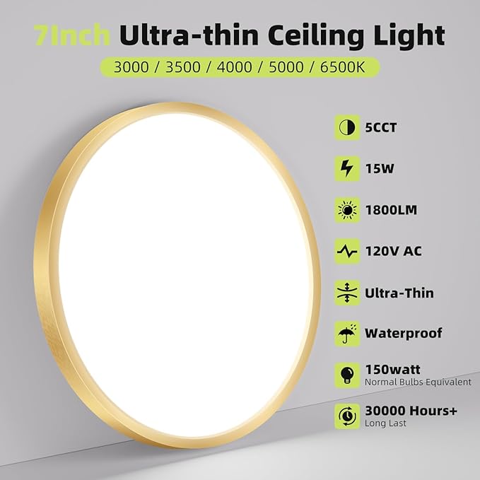 hepside 1PACK Flush Mount LED Ceiling Light Fixture 5CCT 7Inch 15W & 100W Equivalent Closet Light Fixture,Small Round Slim Surface Ceiling Lamp for Hallway,Bathroom,Bedroom,Kitchen,Interior