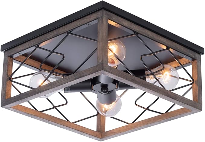 VILUXY Farmhouse Wood Flush Mount Ceiling Light 4 Lights Square Close to Ceiling Lamp Rustic for Entryway Kitchen Hallway Dining Room Bedroom