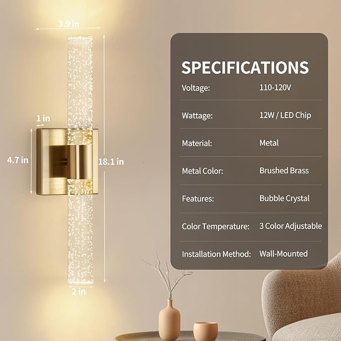 18 Inch Bathroom Sconces Set of 2, 3 Color Temperature Bubble Crystal Led Wall Sconce Indoor Wall Mount Vanity Light Bar Brass Hardwired Wall Sconce for Bedroom Living Room, 12W