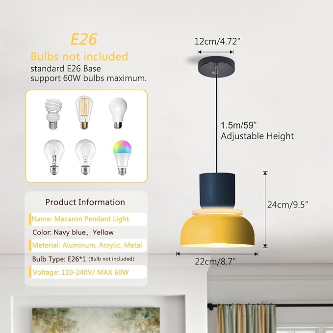 2-Lights Mid Century Pendant Light Kitchen Island Nordic Hanging Lights Yellow Colorful Drum Shade Unique Aluminum Dome Lampshade Adjustable Pendant Light Schoolhouse Light Fixture