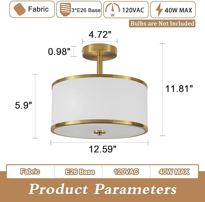 BUXVRCS Semi Flush Mount Ceiling Light Fixture, 3-Light Drum Lighting Fixtures, Hallway Light Fixture Ceiling Mount with Fabric Shade, Close to Ceiling Light for Bedroom Bathroom (Gold)