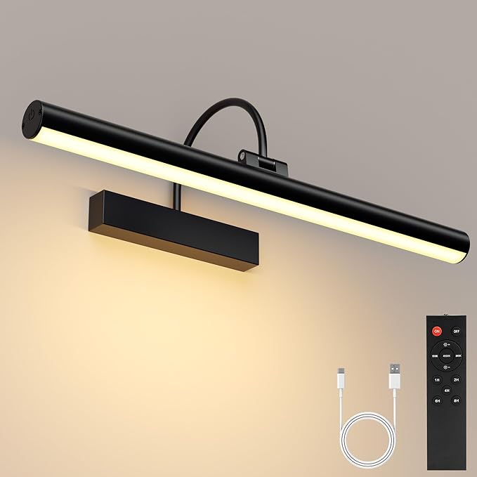 VOLISUN Picture Lights for Wall, 16 inch Rechargable Picture Light Battery Operated, 3 Color Temperatures Cordless Picture Light with Remote, Art Light for Paintings, Gallery, Portrait, 1 Pack (Black)
